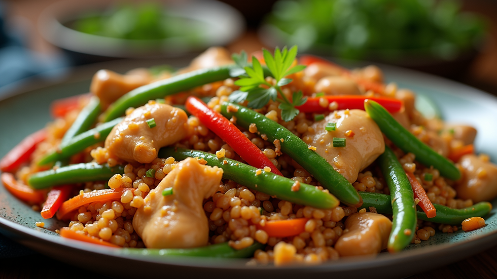 Close-up view of green beans and chicken stir-fry in a skillet