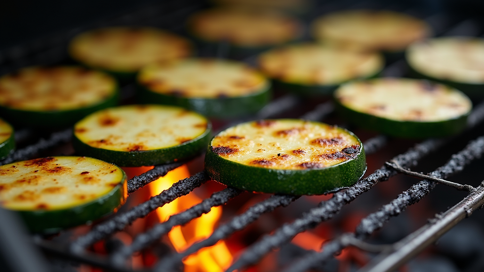 Eye-level view of grilled zucchini rounds on a barbecue grill