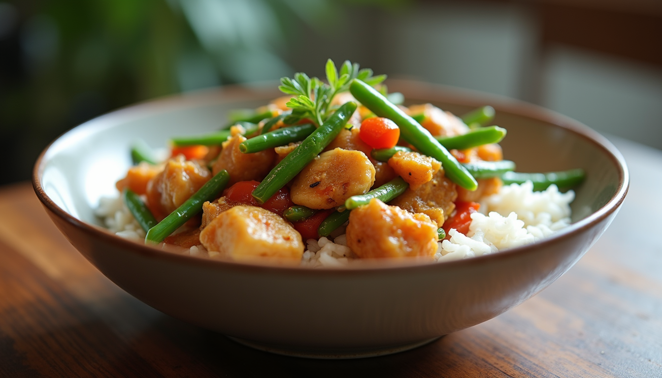 High angle view of a bowl of chicken and green bean stir-fry served with rice