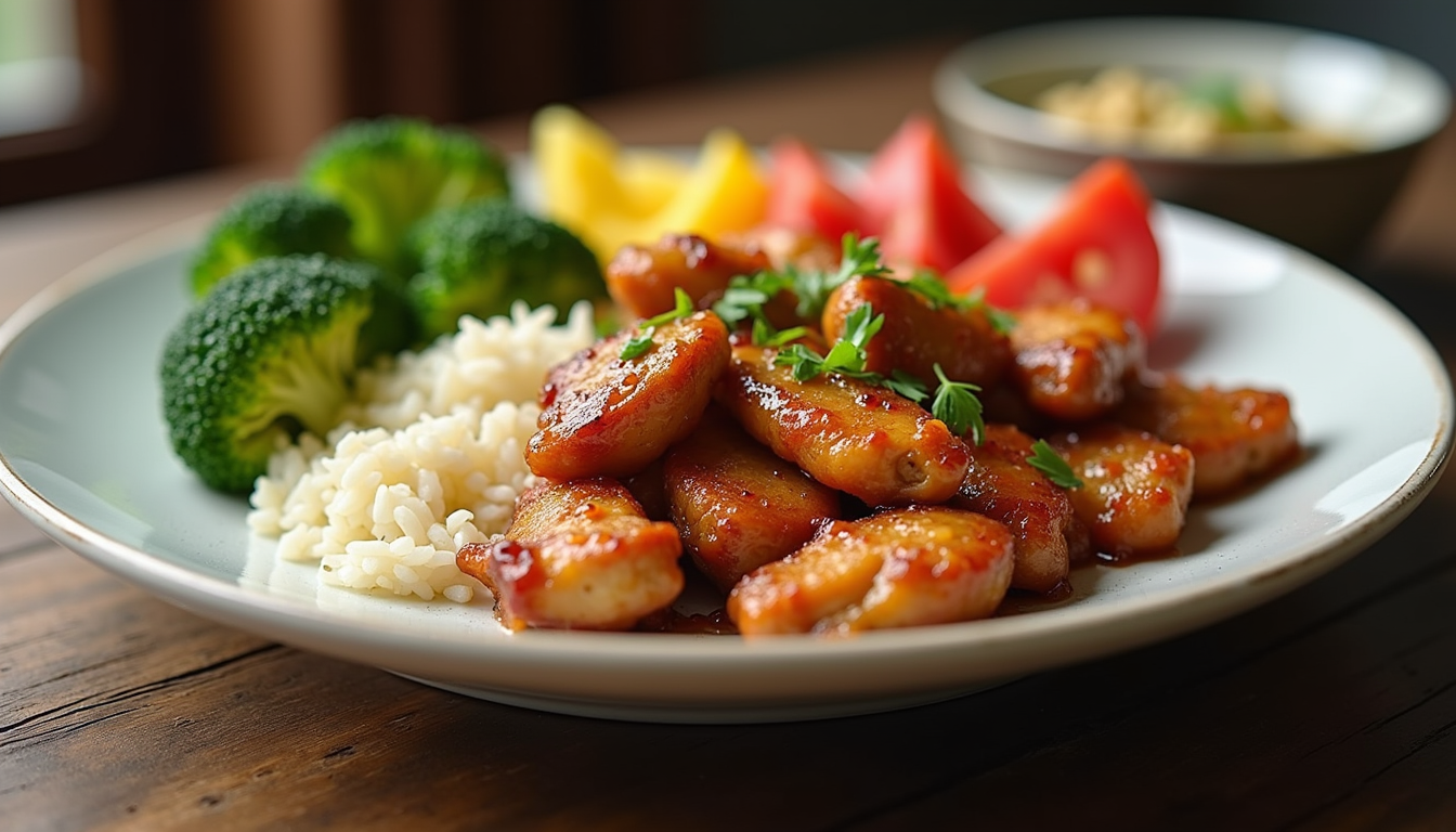 High angle view of Dragon Chicken served with rice