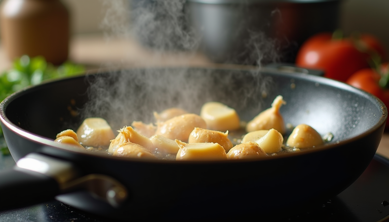 Eye-level view of a sizzling pan with garlic and ginger