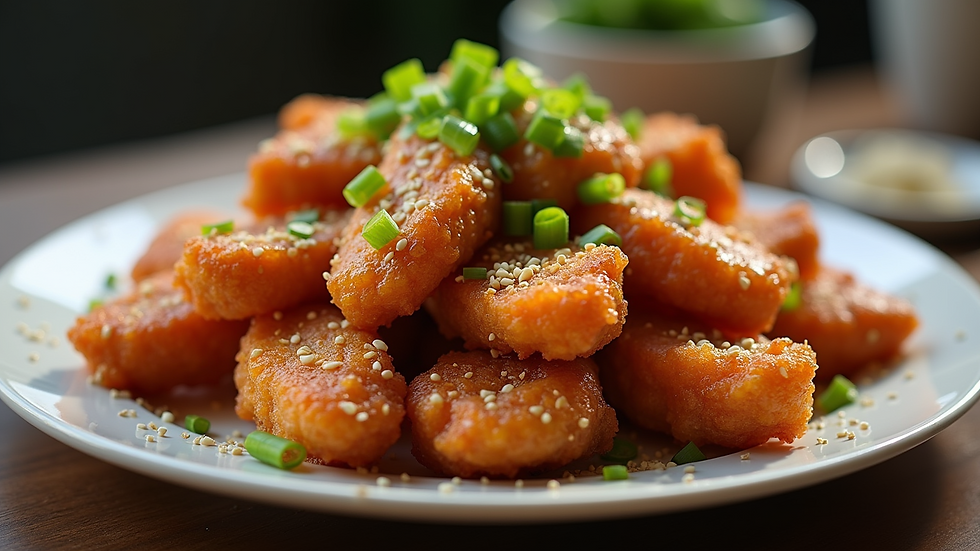 Eye-level view of a plate of crispy dragon chicken strips garnished with spring onions