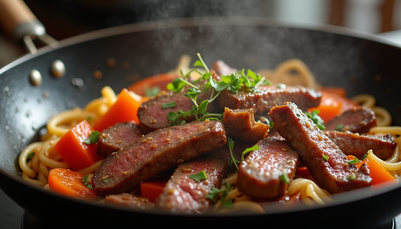 Close-up view of sizzling flank steak strips in a wok with honey soy glaze
