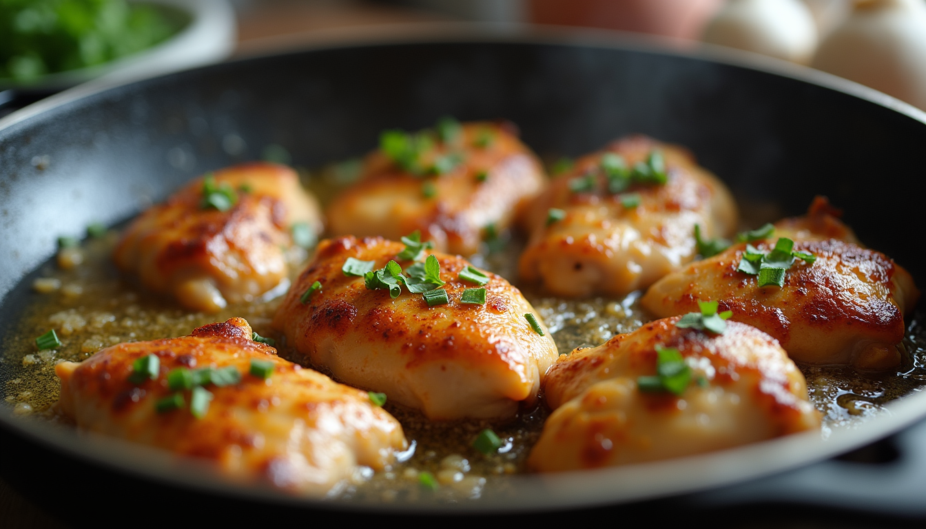 Eye-level view of chicken thighs sizzling in a skillet with garlic and ginger
