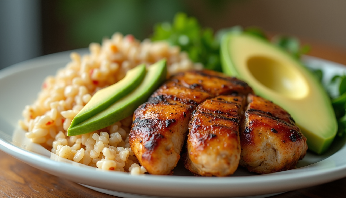 Close-up view of a plate of Zesty Cilantro Lime Chicken with Avocado and Jasmine Rice