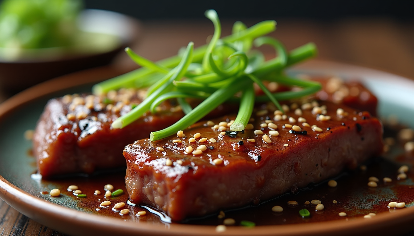 Close-up view of beef short ribs garnished with sesame seeds