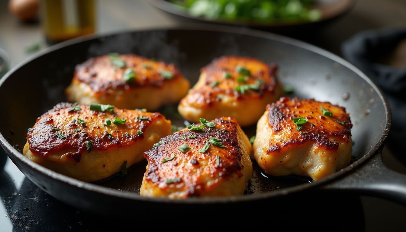 High angle view of a skillet with seared chicken thighs