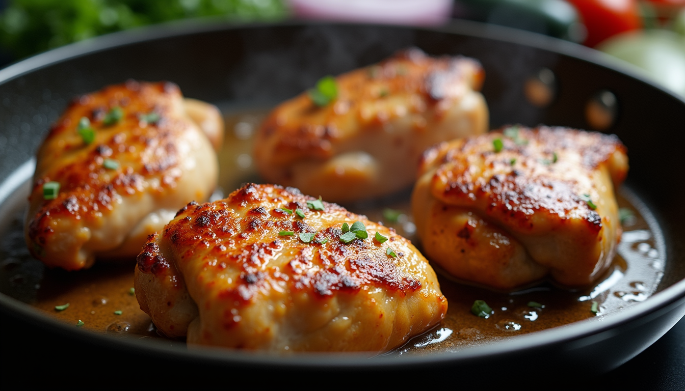Eye-level view of sizzling chicken thighs in a skillet