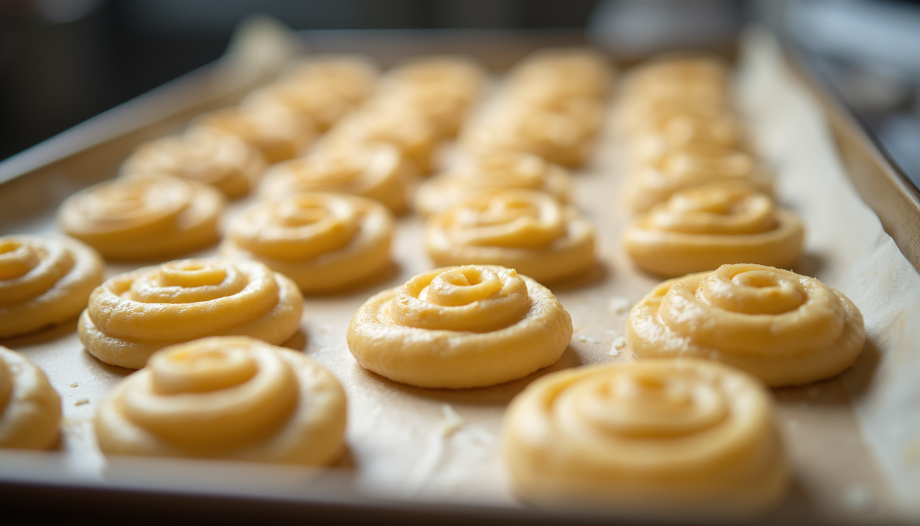 Eye-level view of puff pastry spirals arranged on a baking sheet