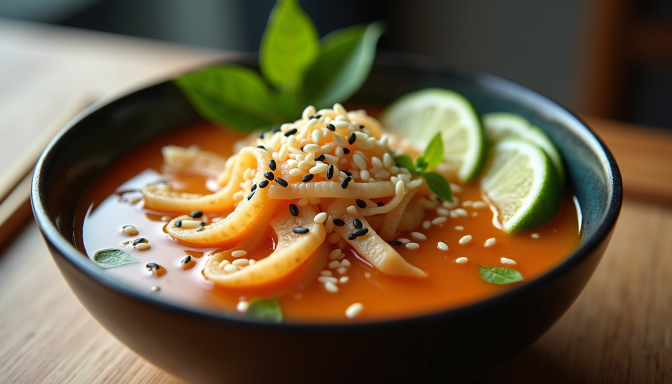 Eye-level view of a bowl garnished with sesame seeds and lime wedges