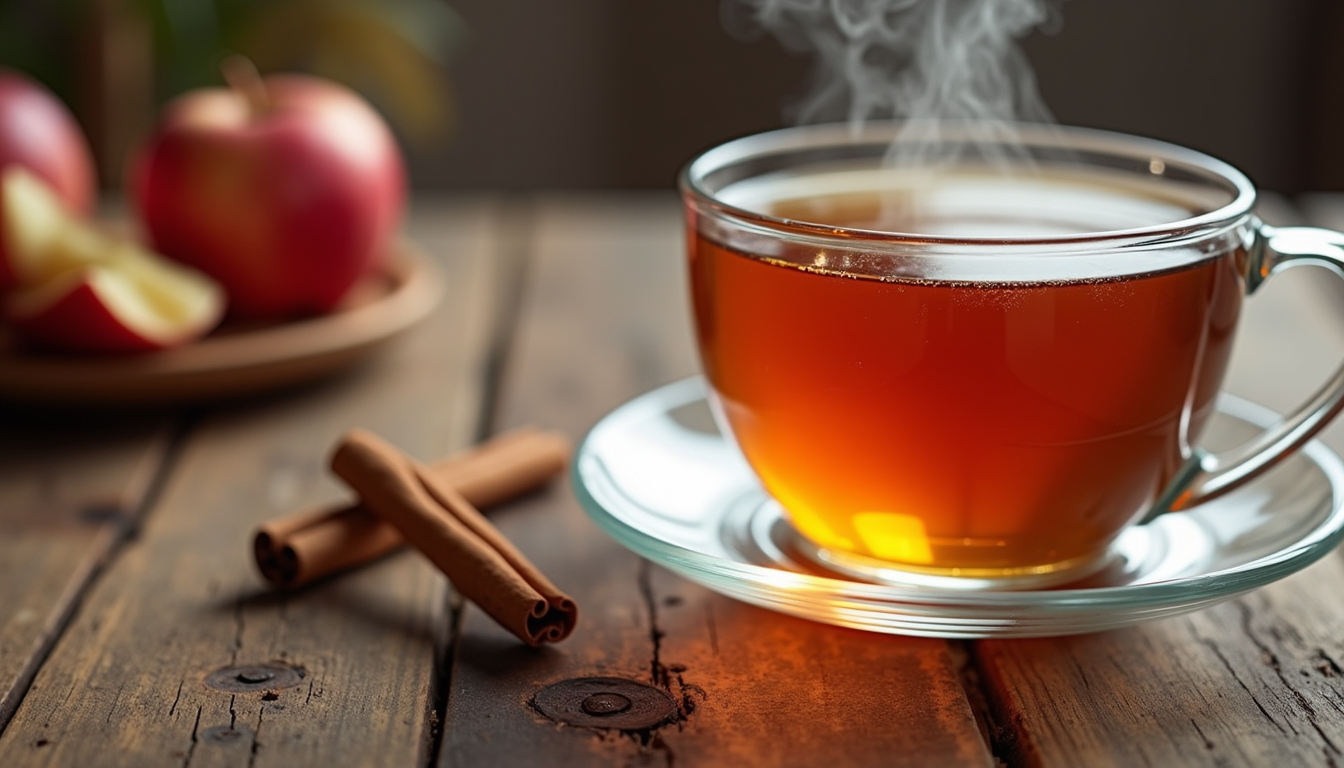 Close-up view of steaming apple cinnamon tea in a clear glass cup on a wooden table