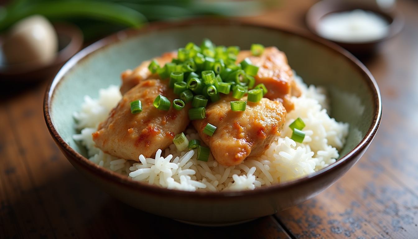 High angle view of a bowl of jasmine rice topped with chicken thighs and garnished with green onions