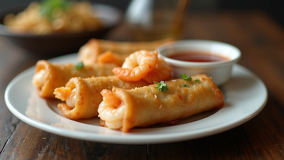 Eye-level view of a plate of shrimp egg rolls served with dipping sauce