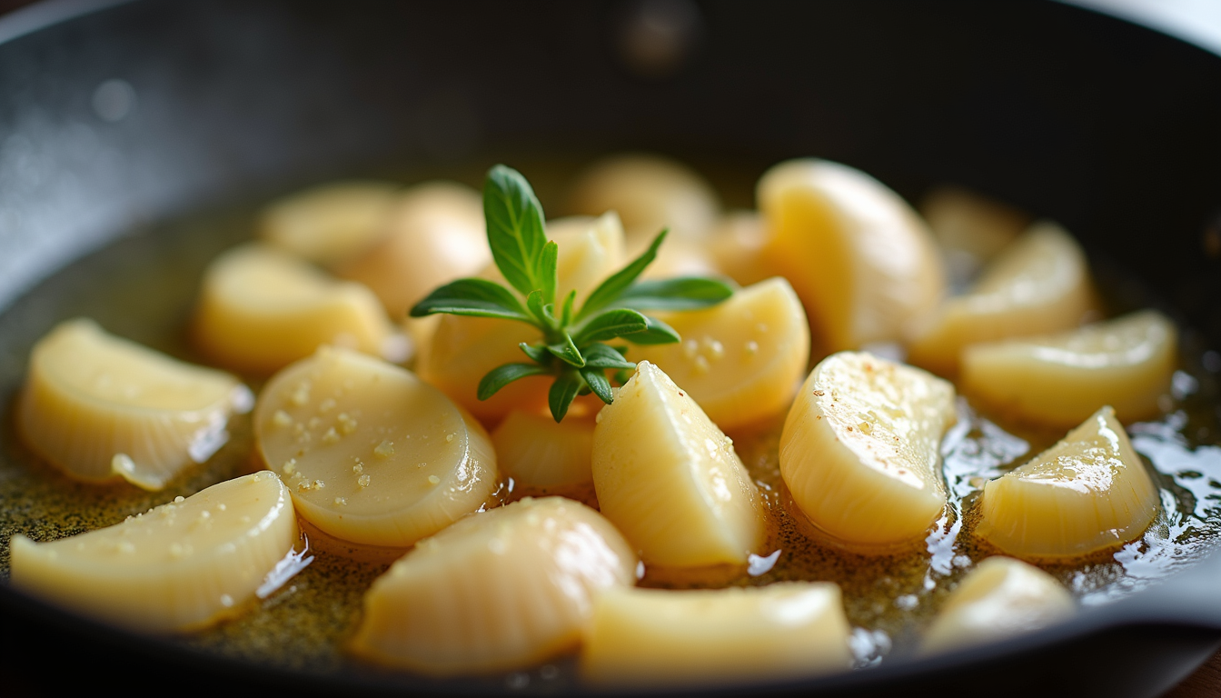 Close-up view of sautéed garlic in olive oil