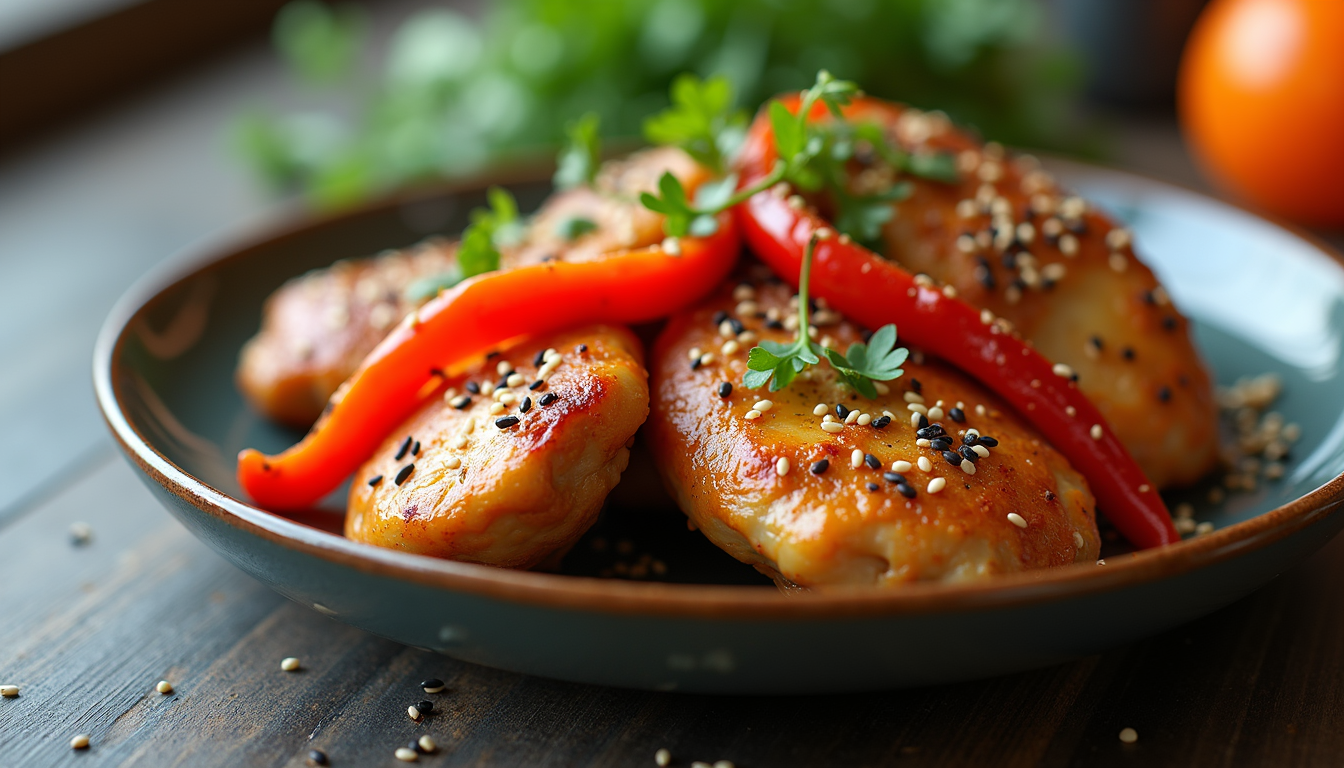 Close-up view of a colorful plate of chicken thighs with bell peppers