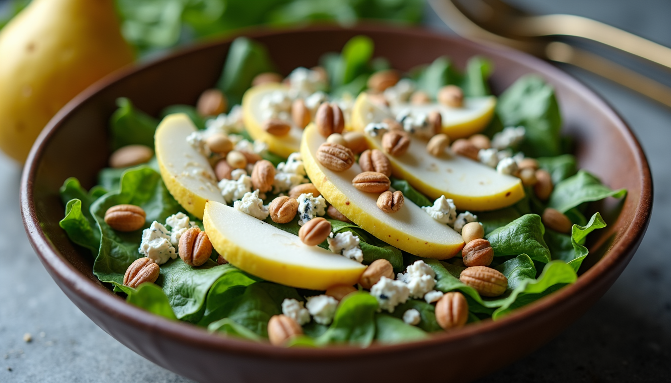 High angle view of a salad bowl filled with pear, blue cheese, and nuts