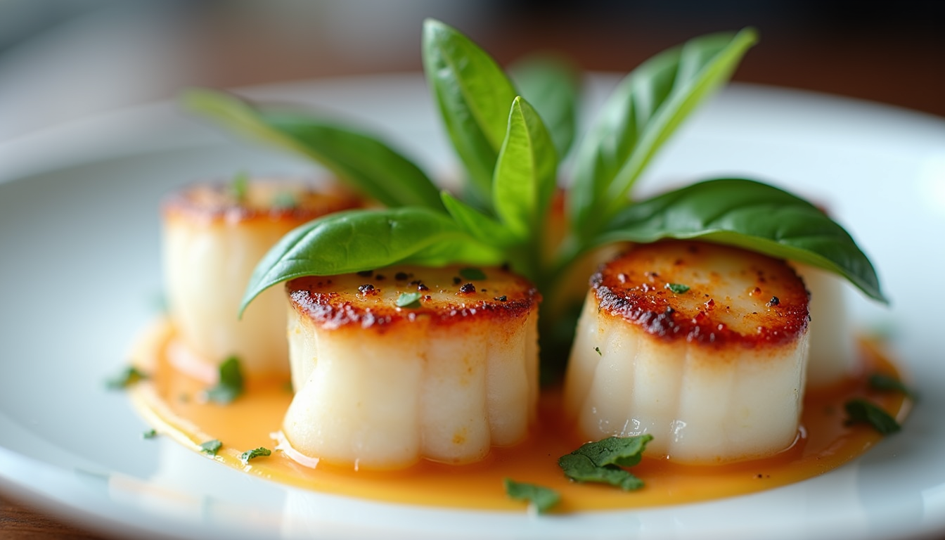 Close-up view of golden seared scallops topped with crispy fried basil leaves on a white plate