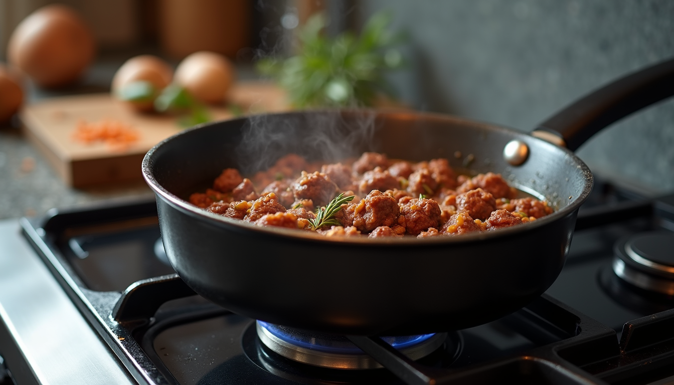 Eye-level view of a pot with sizzling beef and aromatic ingredients