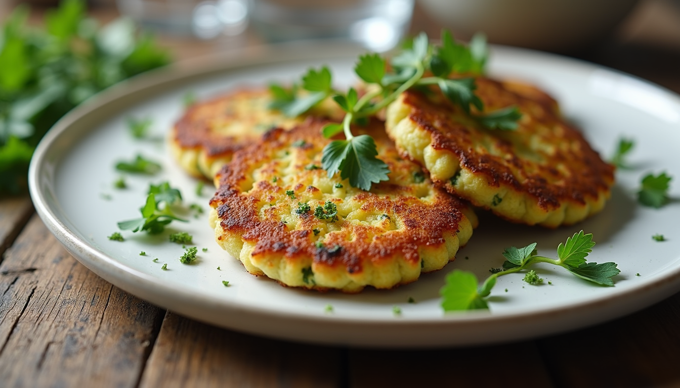 Eye-level view of a plate of zucchini fritters garnished with herbs