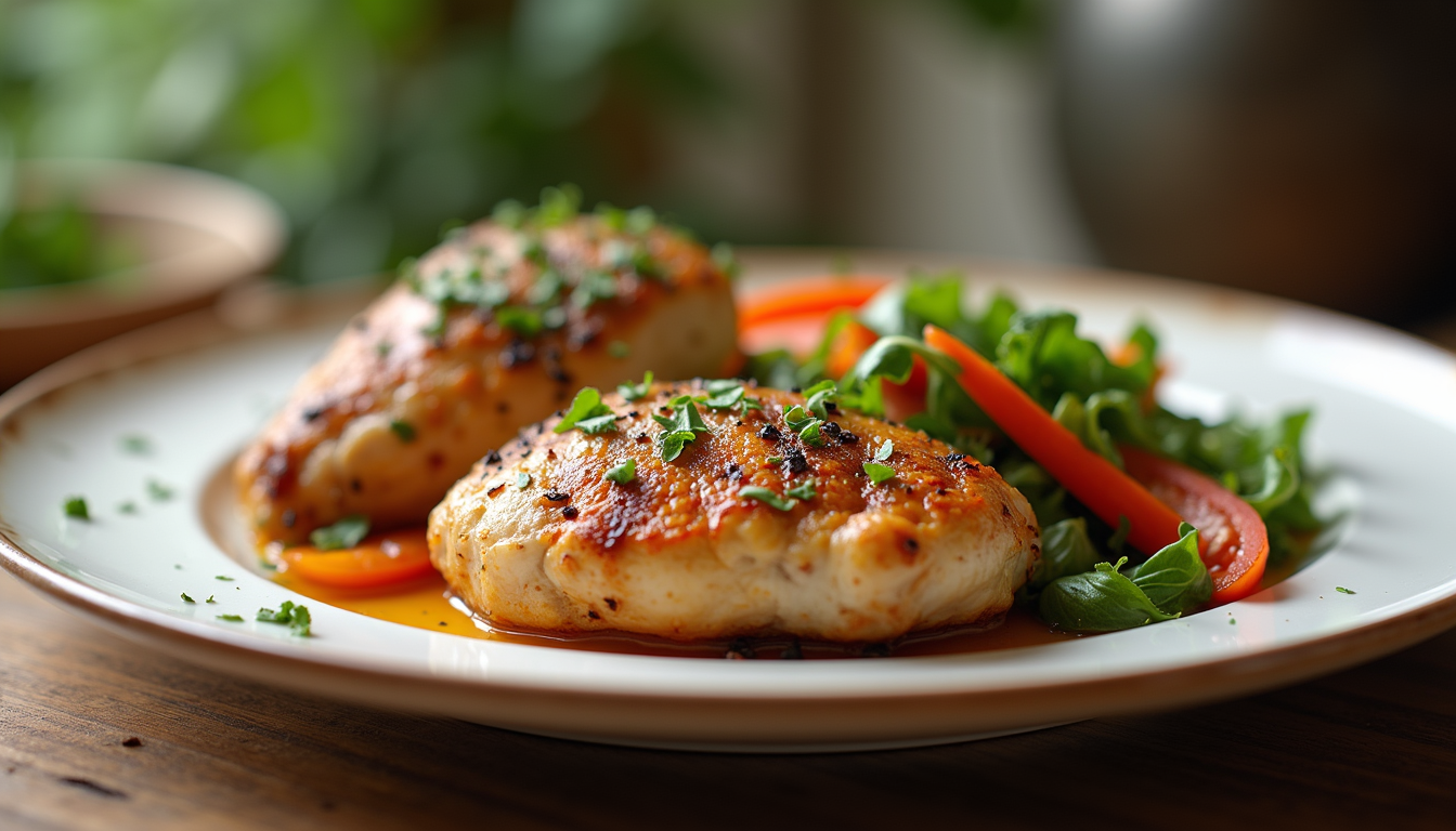 Eye-level view of a plated chicken and vegetable dish garnished with herbs