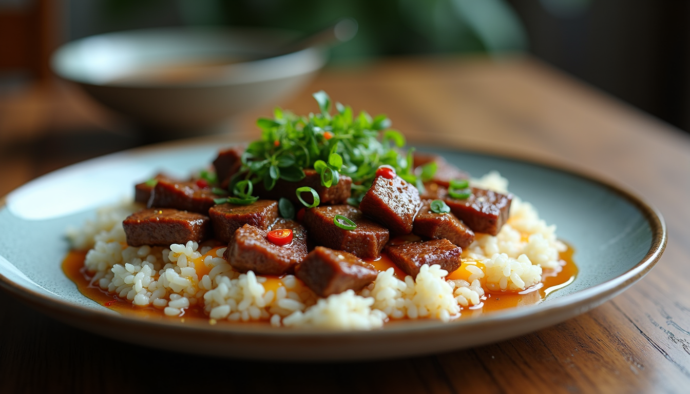 Eye-level view of a plated flank steak stir-fry with honey soy glaze served on jasmine rice