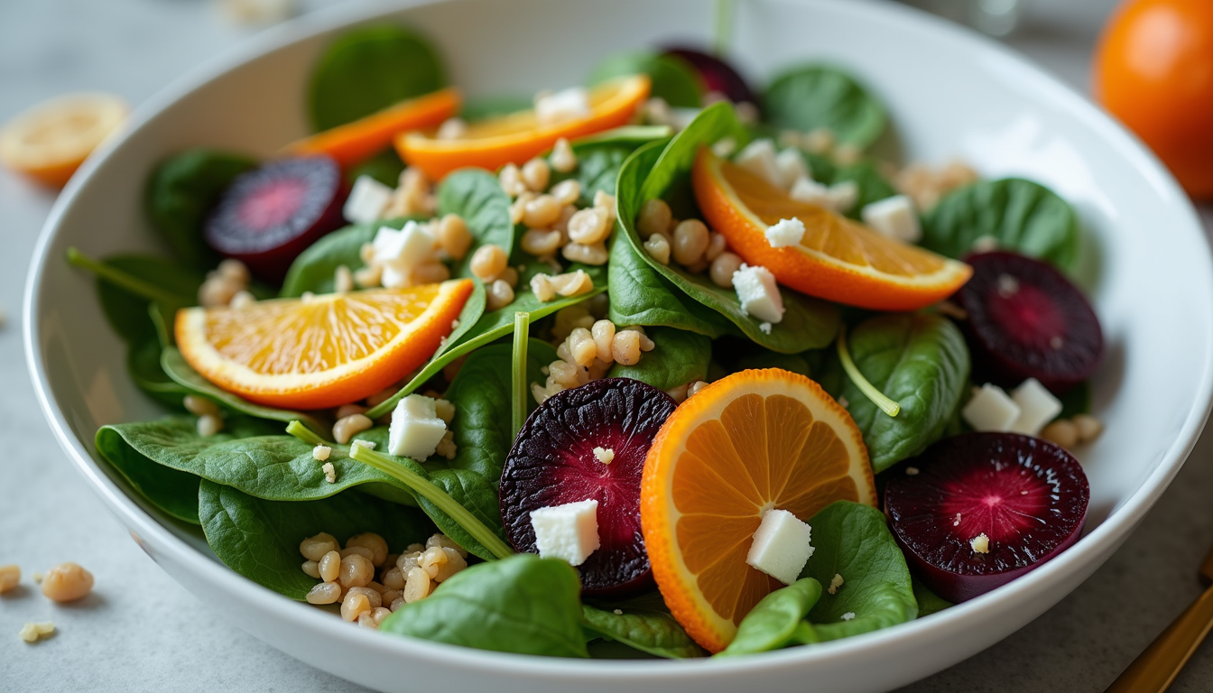 Eye-level view of a serving bowl with spinach beet and citrus salad topped with orange-balsamic vinaigrette and garnished with pine nuts and feta