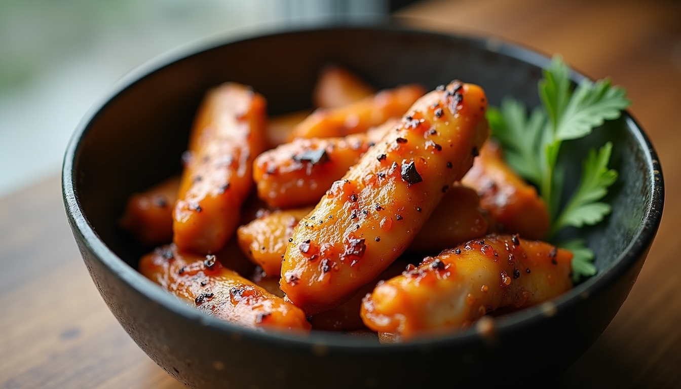 High angle view of marinated chicken strips in a bowl