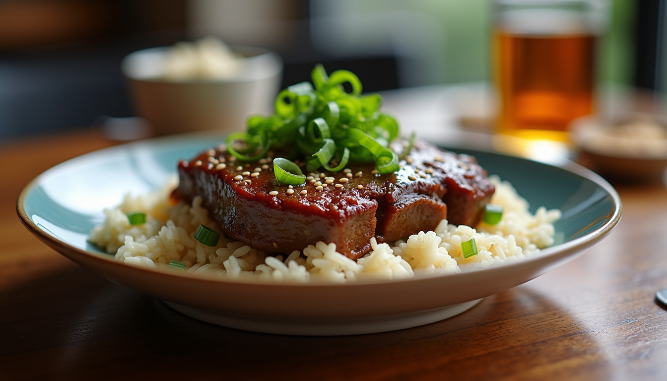 Eye-level view of a beautifully plated dish of beef short ribs