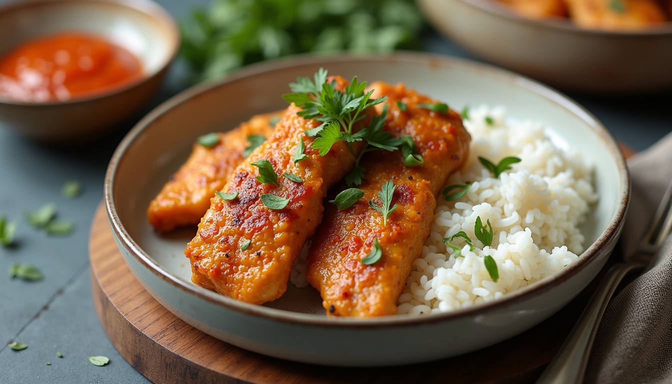 High angle view of plated peanut chicken with rice