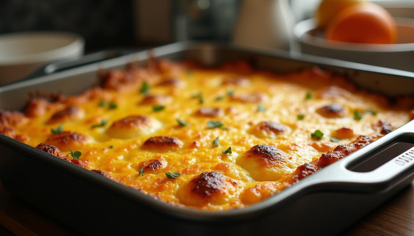 Eye-level view of a baking dish filled with layers of bread, ham, and cheese sauce