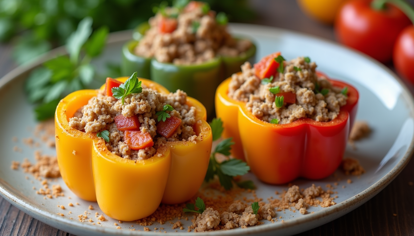 Close-up view of vibrant stuffed bell peppers on a plate