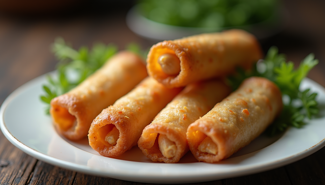 High angle view of crispy golden-brown egg rolls on a plate