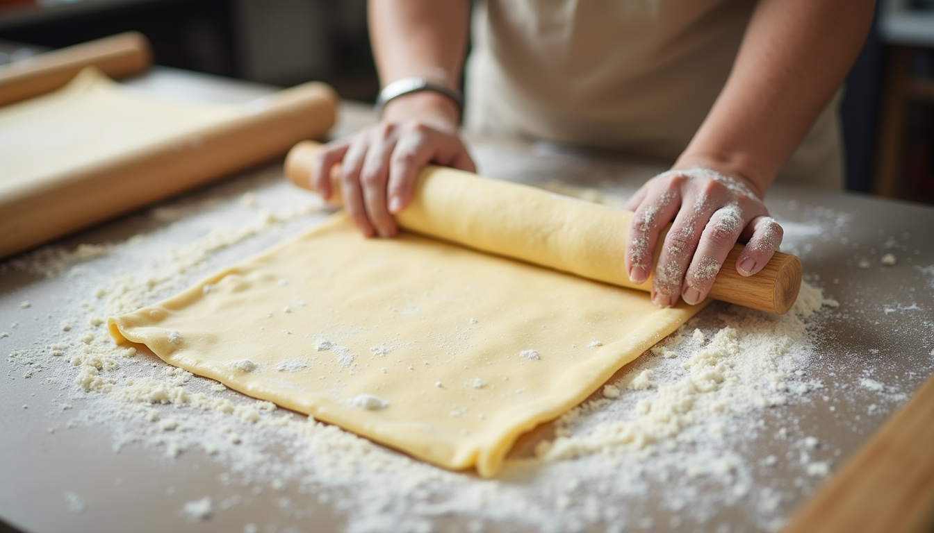 High angle view of puff pastry sheets being rolled out