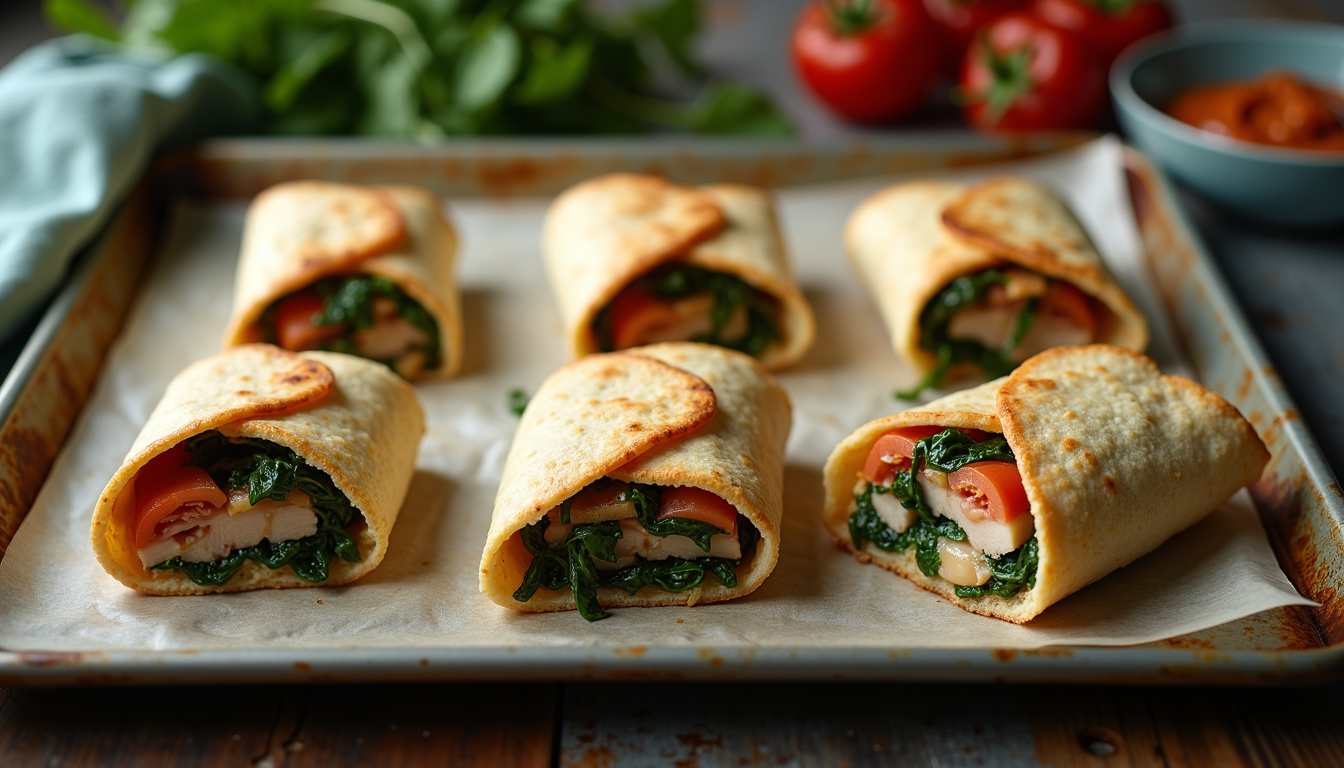 High angle view of six assembled turkey and spinach burritos on a baking tray