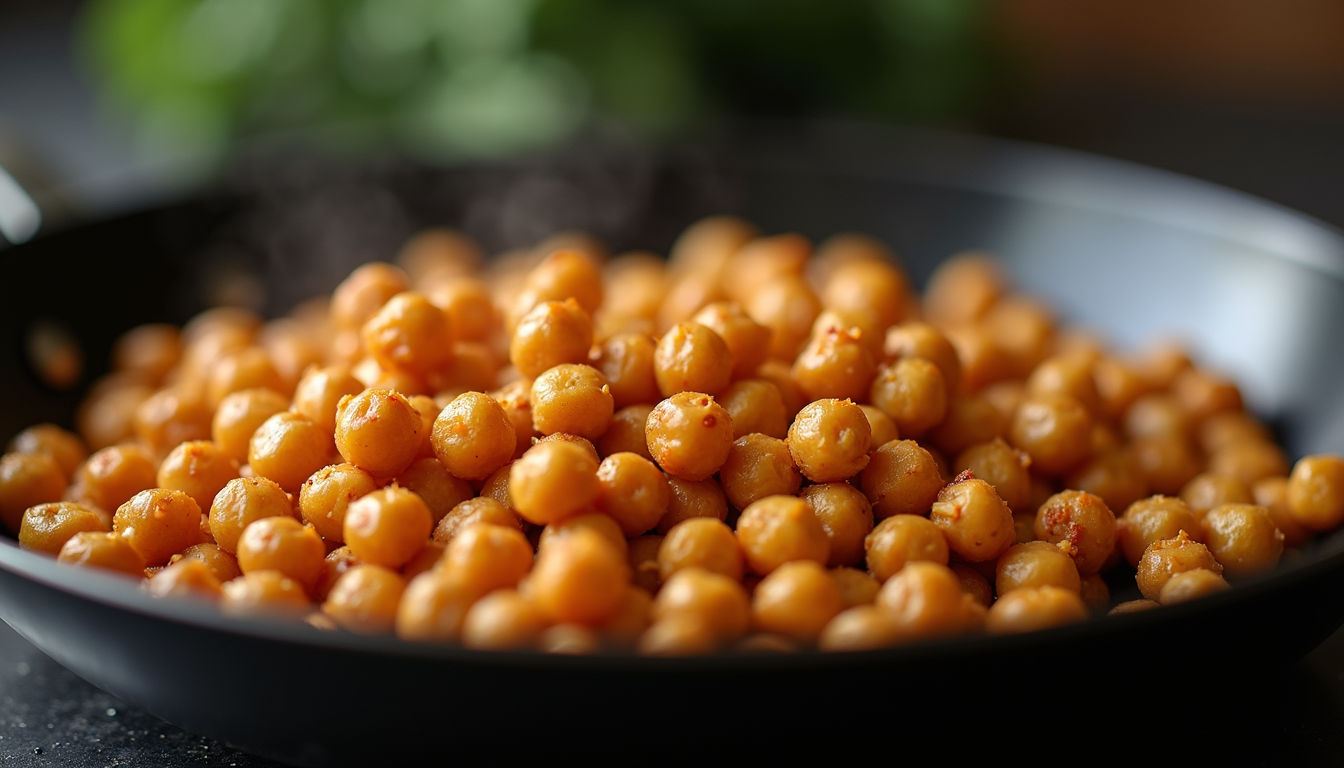 Close-up view of crispy chickpeas in a skillet
