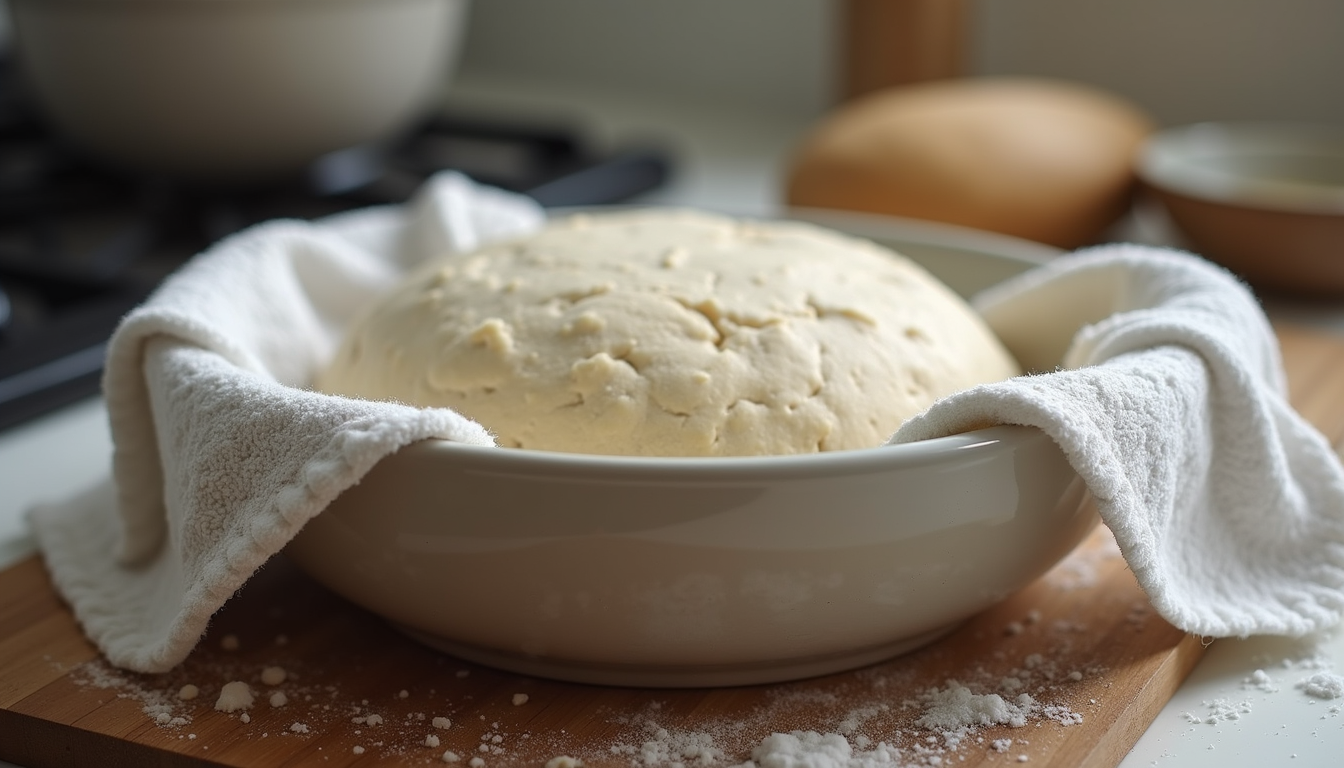 Close-up view of a bowl of dough resting under a cloth
