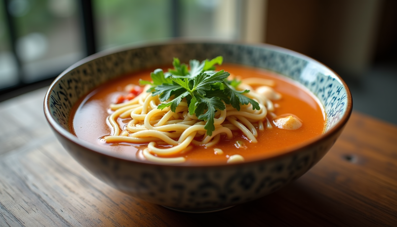 Close-up view of a bowl of beef satay noodle soup garnished with herbs