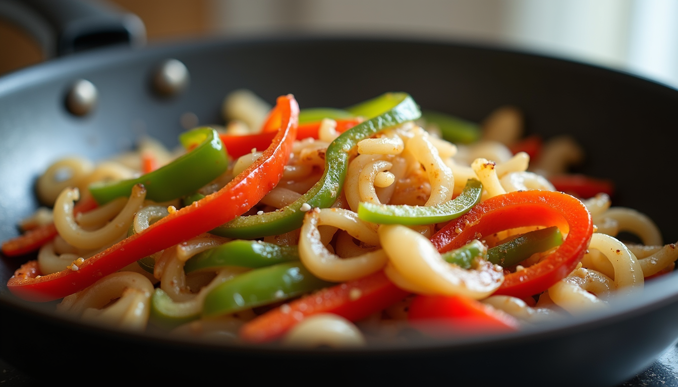 High angle view of stir-fried onions and bell peppers
