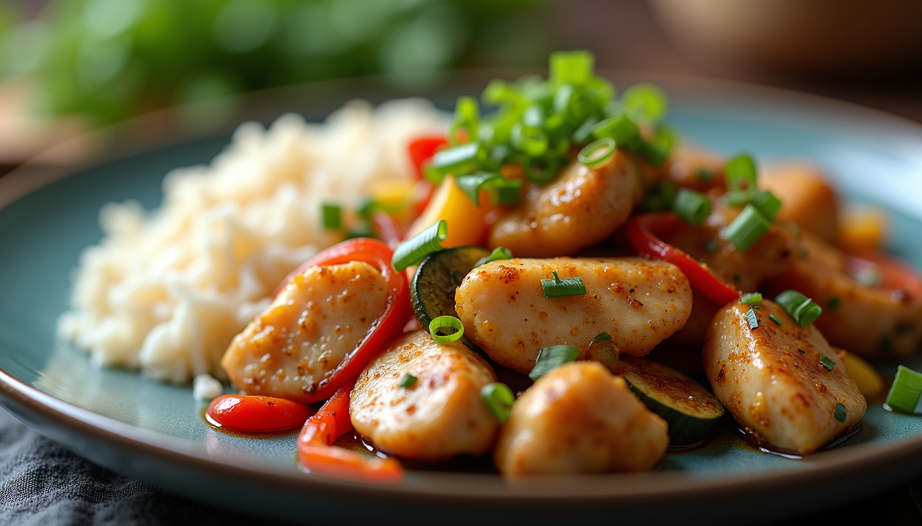 Eye-level view of a delicious chicken stir-fry served on a plate