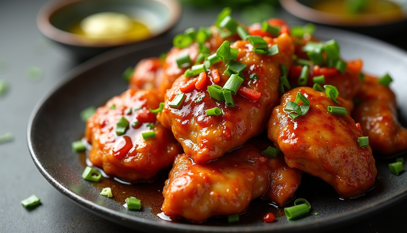 High angle view of a delicious plate of Honey Gochujang Chicken Thighs