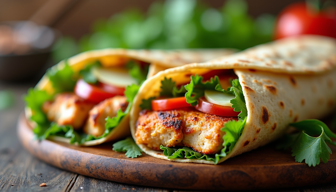 Close-up view of Mediterranean chicken wraps filled with fresh vegetables