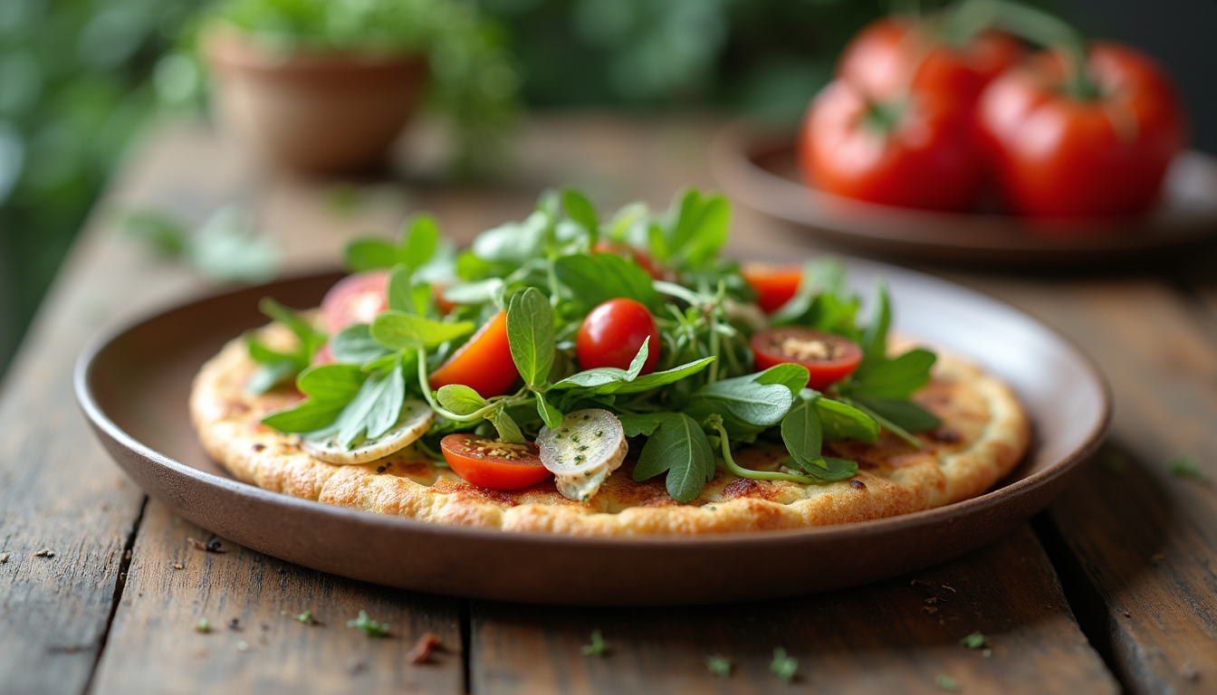 Eye-level view of a vibrant salad with fresh greens and colorful vegetables