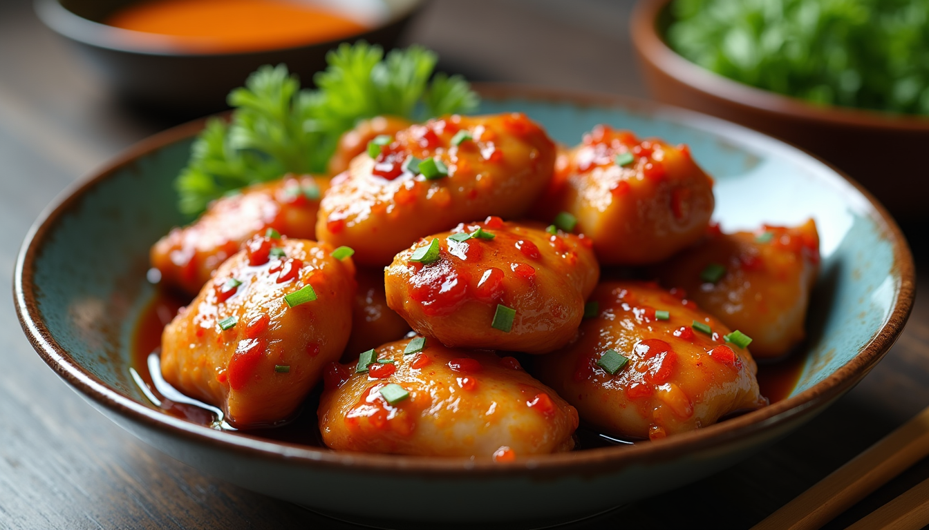 Close-up view of marinated chicken thighs in a bowl