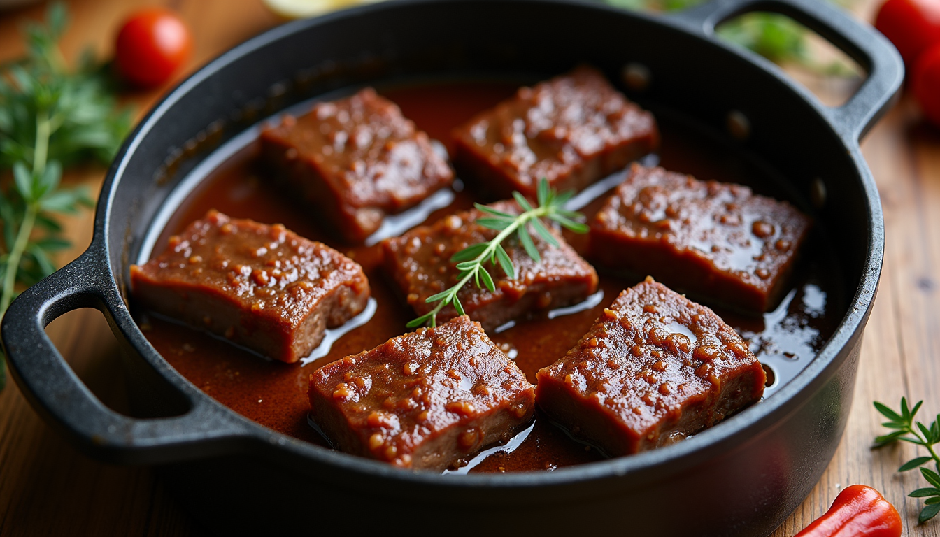 High angle view of beef short ribs simmering in a pot