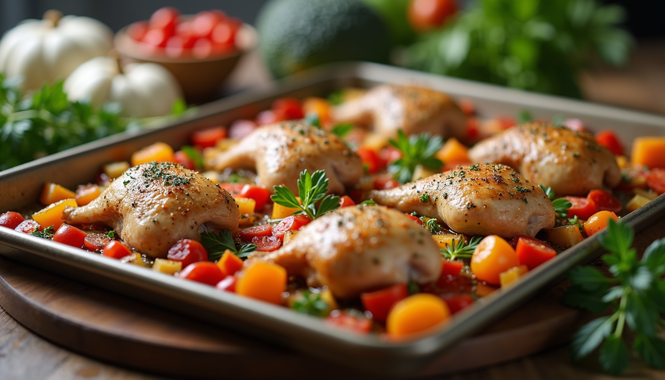 High angle view of a baking sheet filled with seasoned chicken and colorful vegetables