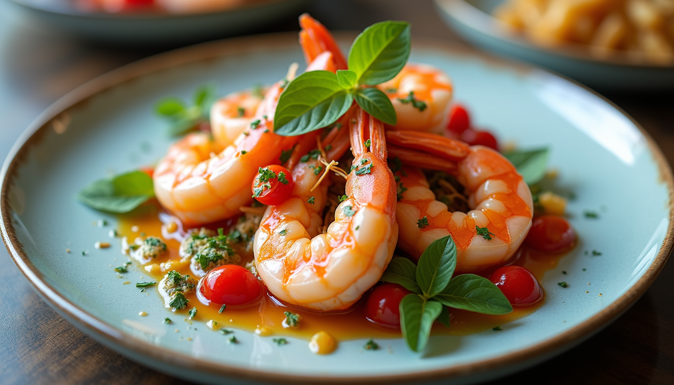 High angle view of a beautifully plated shrimp dish garnished with green onions and sesame seeds