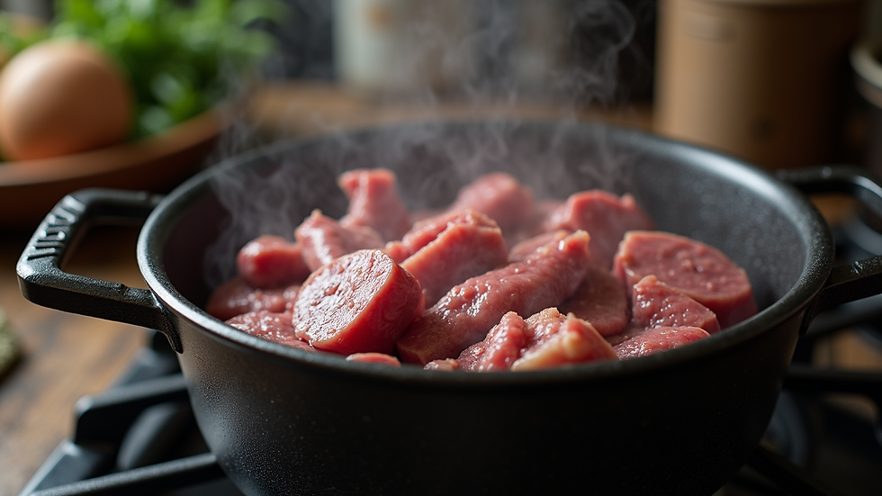 Close-up view of simmering beef bones in a pot