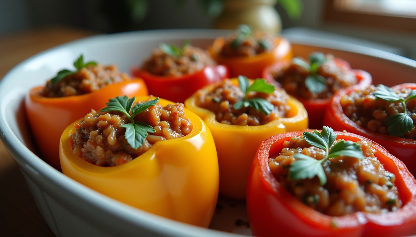 High angle view of stuffed bell peppers in a baking dish