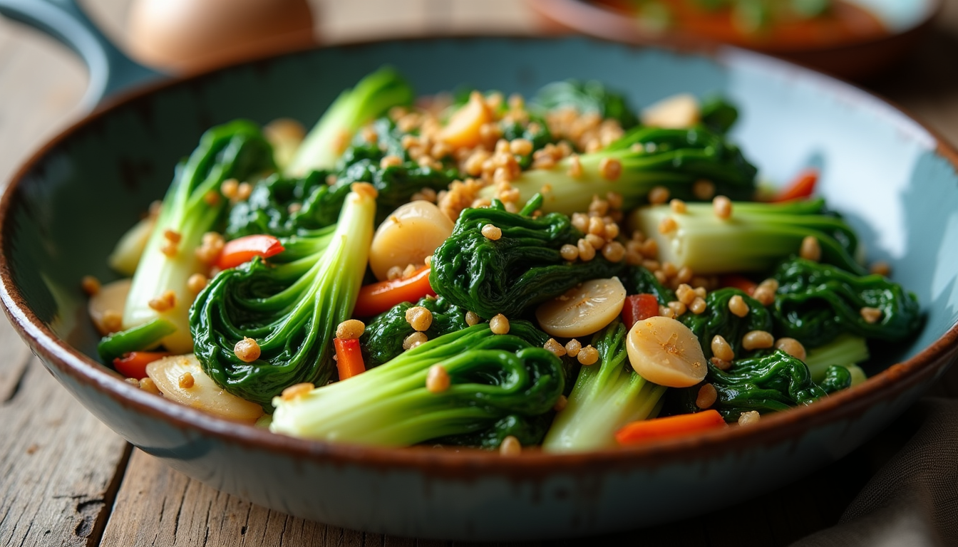 Eye-level view of a colorful stir-fry dish with bok choy, garlic, and ginger