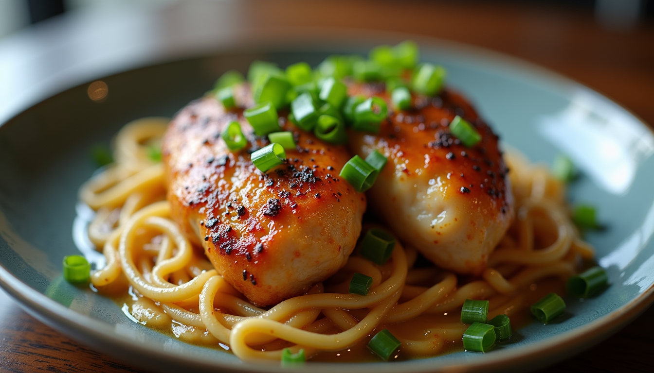 Close-up view of cooked chicken thighs garnished with green onions